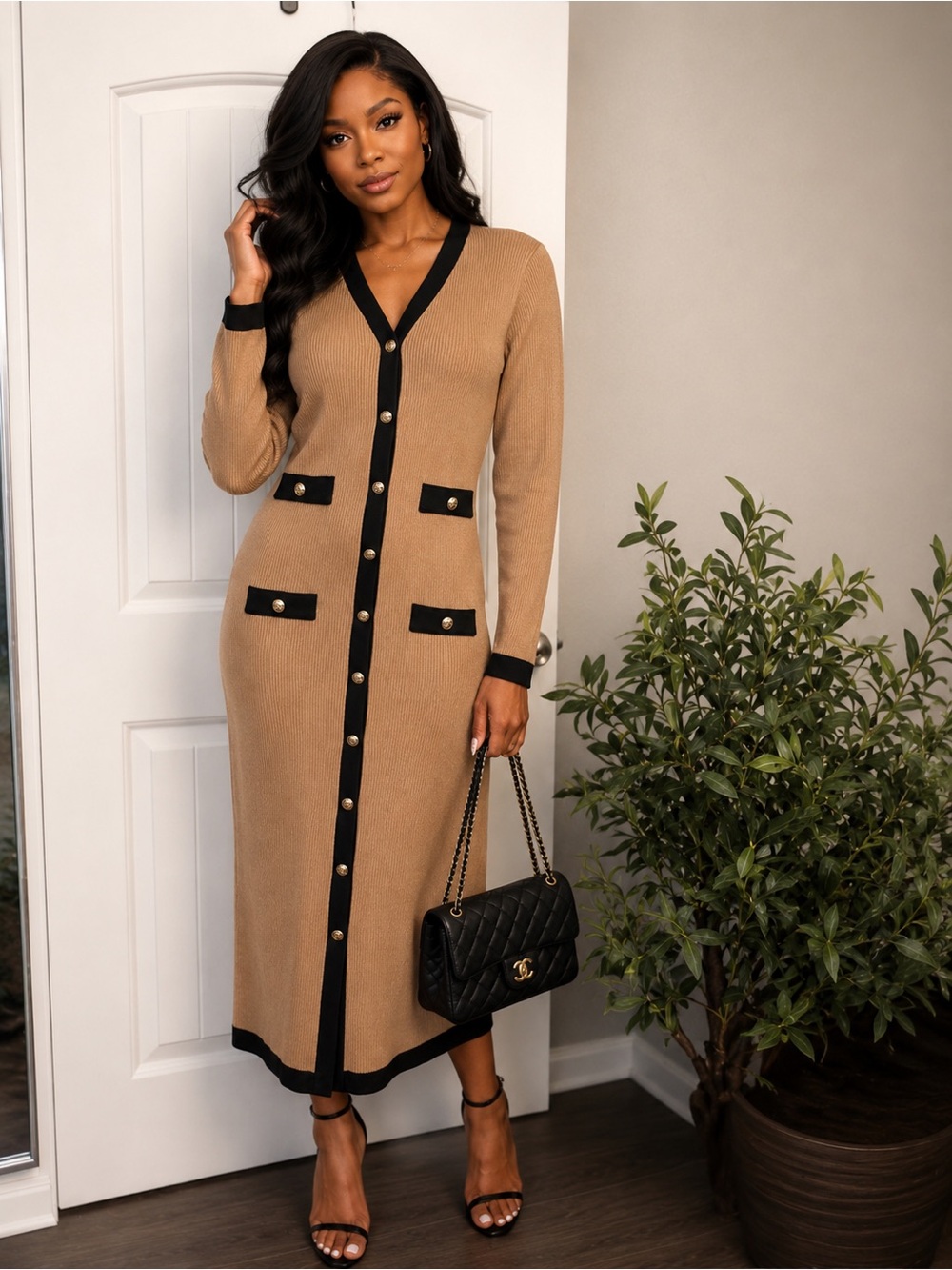 Fashion Nova Tan Long Sleeve Ribbed Button-Front Sweater Dress with Black Trim